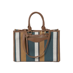 Green and yellow striped canvas tote bag with leather handles and crossbody strap