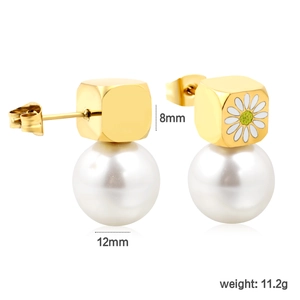 Boucles d'oreilles carrées dorées avec motif marguerite et perles de 12mm