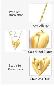 Dimensions détaillées pour collier avec pendentif cœur en acier inoxydable plaqué or 18K