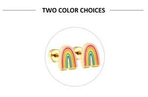 Detailed close-up of rainbow stud earrings with gold base and secure screw back design