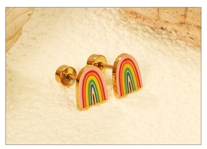 Macro view of rainbow stud earring with screw back closure and polished gold finish