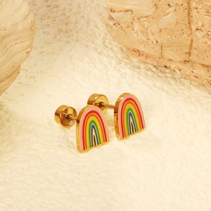 Rainbow enamel earrings with golden metal base and secure screw back for women