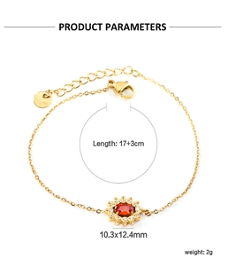 Detail of gold stainless steel bracelet with orange zircon pendant and dimensions