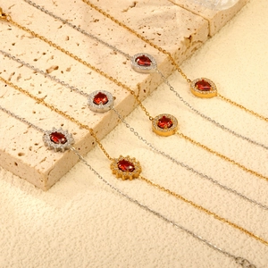 Stainless Steel Bracelet With Red Zircon Teardrop Round Oval Pendant Adjustable Chain Elegant Fashion For Women