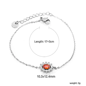 Elegant stainless steel bracelet with red zircon sunflower charm 17 plus 3cm long