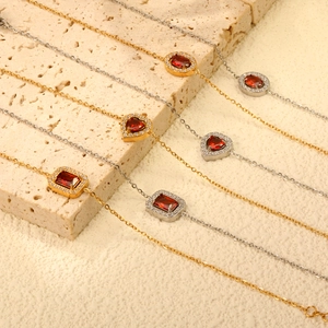 Bracelet En Acier Inoxydable Pour Femmes Avec Zircone Rouge Cœur Ovale Rectangle Géométrie Bijoux Mode Plaqué Or Argent