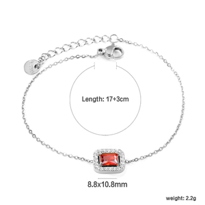 Bracelet élégant en acier inoxydable avec zircon rouge et chaîne ajustable de 17+3 cm