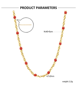 Detail of colorful beads on gold stainless steel chain with length and weight parameters