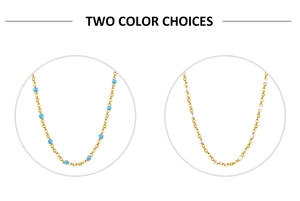 Close-up of golden beaded necklaces in vibrant blue and white enamel finishes