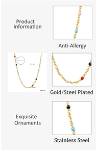 Detail of gold stainless steel necklace with small colorful beads and anti-allergy finish