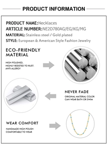 Infographic showing eco-friendly gold plated stainless steel necklace details and quality