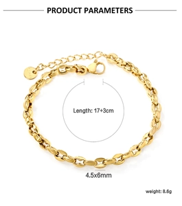 Detailed view of 18K gold plated stainless steel coffee bean link chain with lobster clasp