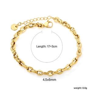 Gold stainless steel coffee bean link chain bracelet with lobster clasp and extension