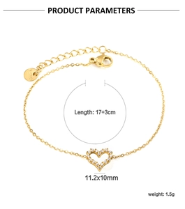 Detailed view of hollow heart bracelet with white zircon and S.Steel hallmark tag