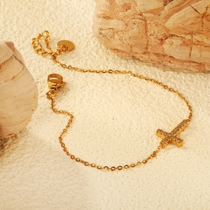 Minimalist gold stainless steel cross bracelet with sparkling zircon stones inlay