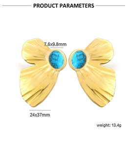 Detail view of gold butterfly earrings with blue turquoise stone inlay and dimensions