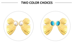 Close-up of geometric earrings with white pearl and blue turquoise stone options in gold