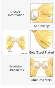 Detail view of gold fan-shaped stainless steel earrings with pearl inlay features