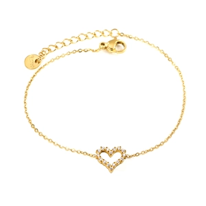 Elegant gold stainless steel bracelet with a hollow heart pendant and white zircon stones