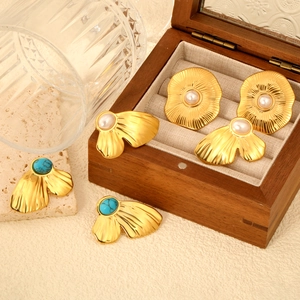 Vintage Geometric Earrings 18K Gold Plated Stainless Steel Faux Artificial Pearl Synthetic Turquoise French Retro Style For Women
