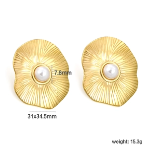 Retro round metal earrings with blue stone and pearl, 31x34.5mm 18K gold textured finish