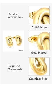 Close-up of gold-plated stainless steel knot heart earrings with 12x19mm dimensions