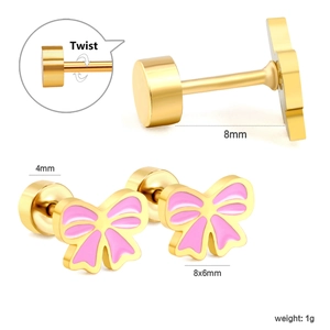 Details der rosa Emaille-Schleifenohrringe mit Schraubverschluss und Maßen