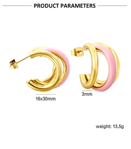 Detailed view of 18K gold C-shaped earrings with pink enamel stripes and dimensions