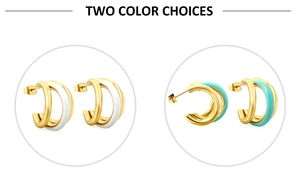 Detailed view of triple-layered C-shape earrings with white and mint enamel in 18K gold plating