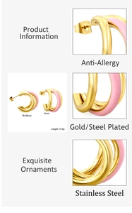 Detail of C-shaped pink enamel and 18K gold plated stainless steel chunky earrings