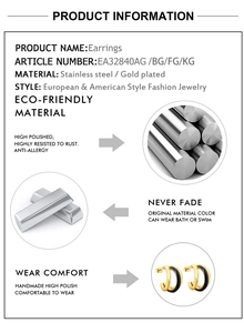 Detailed spec sheet of 18K gold plated C-shaped earrings with material texture close-ups