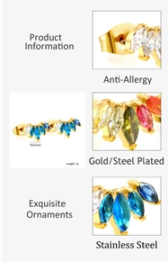 Détail macro des boucles d'oreilles 12x7mm en acier inox et zircons marquise colorés