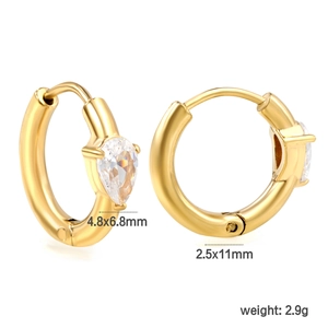 Detailed view of gold hoop earrings with pear-cut zircon showing 4.8x6.8mm dimensions