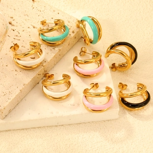 Triple Layer C Shape Hoop Earrings Gold Plated Stainless Steel Enamel Geometric Hypoallergenic Fashion Studs For Women