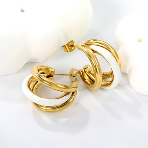 Three-layer C-shaped gold-plated hoop earrings with white enamel finish for women