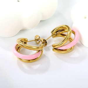Three-layer C-shaped 18K gold stainless steel earrings with pink enamel detailing
