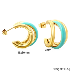 Three-layer C-shaped 18K gold stainless steel earrings with turquoise enamel 16x30mm