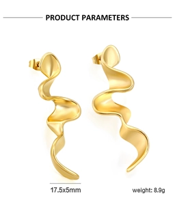 Detailed product parameters of golden wavy ribbon earrings sized 17.5x5mm and weighing 8.9g