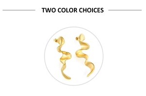 Detail showing wavy twisted design of golden stainless steel earring with matte finish