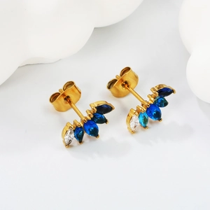 Boucles d'oreilles luxe en acier doré avec cristaux marquise bleus et blancs