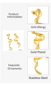 Detail of gold plated stainless steel irregular wave earrings with size specifications