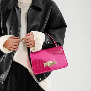 Hot pink leather square handbag with crocodile pattern and golden wavy buckle for women