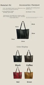 Detailed size guide and color options for the minimalist faux leather tote bag with tassel