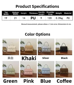 Detailed size chart and multi-color display of quilted PU leather box handbag