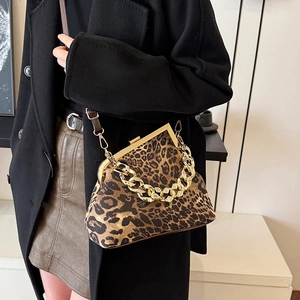 Retro leopard print shell bag with golden chain handle and adjustable leather strap