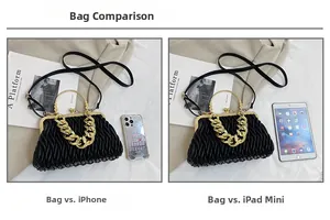 Size comparison of black pleated shell bag with golden chain and tablet device