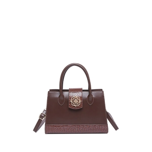Petit sac à main marron à motif crocodile avec fermoir floral en métal doré vintage