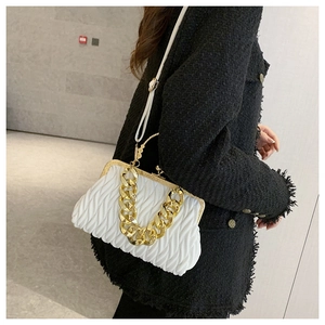 Close-up of white pleated shell bag with chunky gold chain and vintage metal clasp