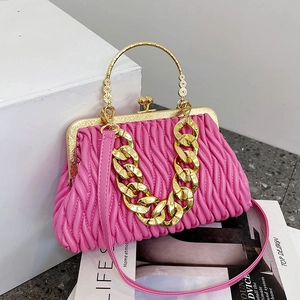 Pleated PU Leather Crossbody Bag With Gold Chain Retro Kiss Lock Handbag Vintage Cloud Clutch For Women