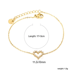 Gold stainless steel bracelet with a sparkling hollow heart pendant and adjustable chain
